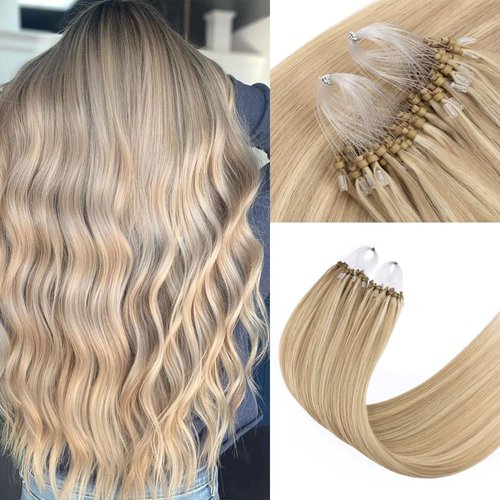 Senmy Microbead Hair Extensions Human Hair Ash Blonde Mix Bleach Blonde Microloop Hair Extensions Human Hair 1g/strand 50g 22inch Remy Micro Ring Human Hair Extensions For Women