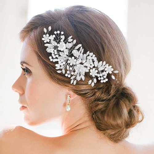 Olbye Wedding Hair Comb Silver Rhinestone Headpiece Pearls Crystal Prom Hair Pieces Flower Bridal Hair Clips Decorative Bridesmaids Bead Hair Side Combs Brides Hair Accessories for Women (Silver)