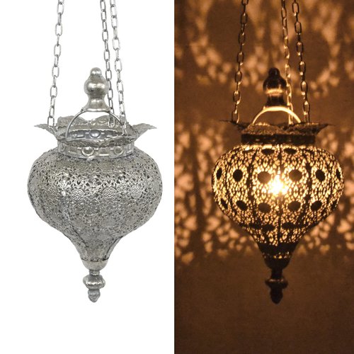 Westcharm Antique Silver Oriental Moroccan Ramadan Lantern Metal Hanging Pendant Light Candle Lantern Lamp Decorative Decor Indoor Outdoor - Small