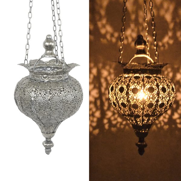 Westcharm Antique Silver Oriental Moroccan Ramadan Lantern Metal Hanging Pendant Light Candle Lantern Lamp Decorative Decor Indoor Outdoor - Small