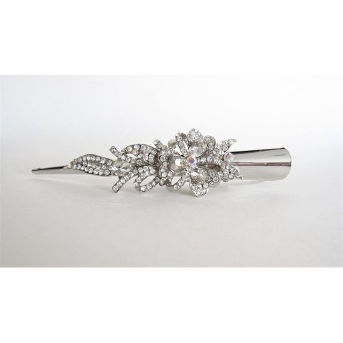 Generic Silver alligator flower and ribbon hair claw clip with clear and AB crystals