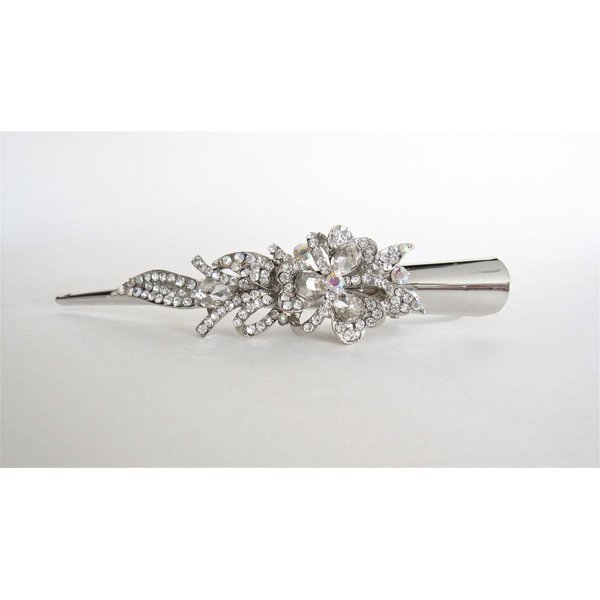 Generic Silver alligator flower and ribbon hair claw clip with clear and AB crystals