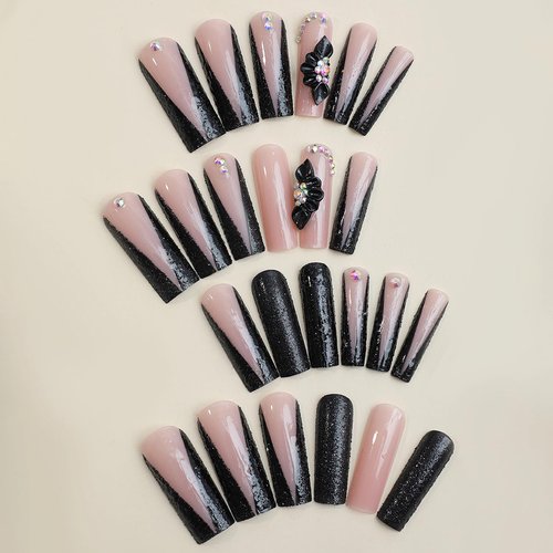 MISUD Press on Nails Long Square Fake Nails Glossy Glue on Nails Bling Black Glitter French Tip Acrylic Nails Flower Rhinestone Artificial Nails Squoval False Nails with Design 24 pcs