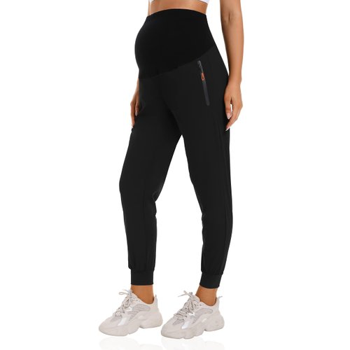 Foucome Women's Maternity Joggers Quick Dry Zipper Pockets Scrub Pants Pregnancy Sweatpants (Black, Medium)