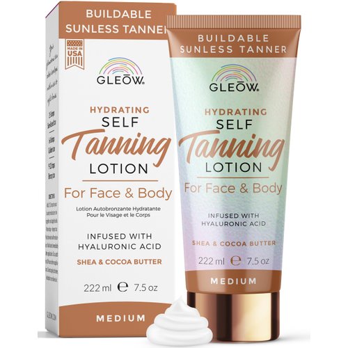 GLEOW Self Tanner Medium New 2024 Self Tanning Lotion for Face & Body, Non Toxic Sunless Tanner, Gradual Tanning Lotion, Face Tanner with Hyaluronic Acid 7.5 oz