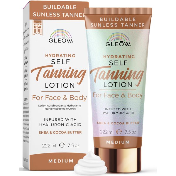 GLEOW Self Tanner Medium New 2024 Self Tanning Lotion for Face & Body, Non Toxic Sunless Tanner, Gradual Tanning Lotion, Face Tanner with Hyaluronic Acid 7.5 oz