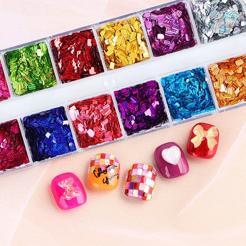Square Glitter Nail Art Sequins, 12 Colors Rectangle Glitters Flakes Design, Holographic 3D Sparkly Acrylic Nails Supplies for Women Girls Manicure Powder Charms Decorations, DIY Shiny Nail Art Tips