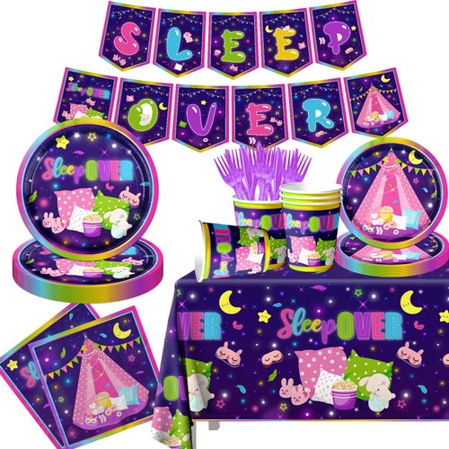Slumber Party Decorations,142pcs Sleepover Tableware Pajama Party Decorations Include Sleepover Plates and Napkins Plastic Slumber Tablecloth for Girls sleep over tents party Pajama Party supplies