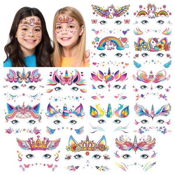 Partywind Face Temporary Tattoos for Girls, Waterproof Fake Tattoos for Kids Party Supplies Favors, Face Tattoos for Children Birthday Party Games, Special Party Goodie Bag Stuffers Fillers