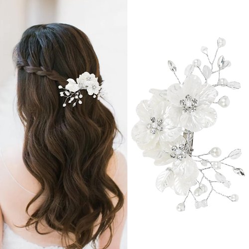 Pearl Flower Wedding Hair Clips Rhinestone Wedding Headpiece for Bride Crystal Bridal Bridesmaids Floral Hair Accessories for Wedding Women Wedding Barrettes for Women's Hair