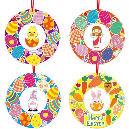 Qyeahkj 30 Sets Easter craft kit for Toddlers Happy Easter Wreath Signs Decorations Paper Art Craft with Easter Rabbit Colorful Eggs Stickers DIY Art Project Gift for Kids Home Classroom Activity