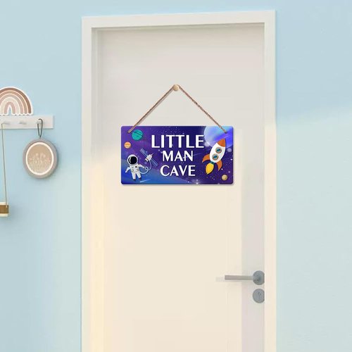 YuplaN Outer Space Little Man Cave Wooden Plaque Boys Spaceman Bedroom Decor Hanging Sign Wall Door Nursery Accessories 5 X 10 Inches