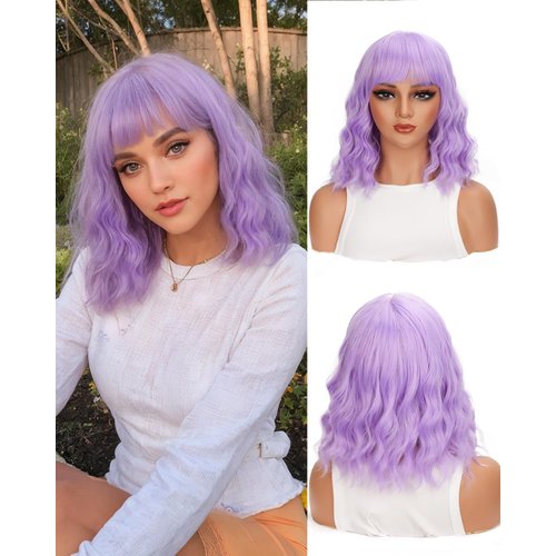 YYHR Natural Wavy Wig with Air Bangs Short Bob Loose Wavy Wig Curly Wavy Shoulder Length Bob Synthetic Cosplay Wig for Girl Colorful Costume Wigs (Purple)