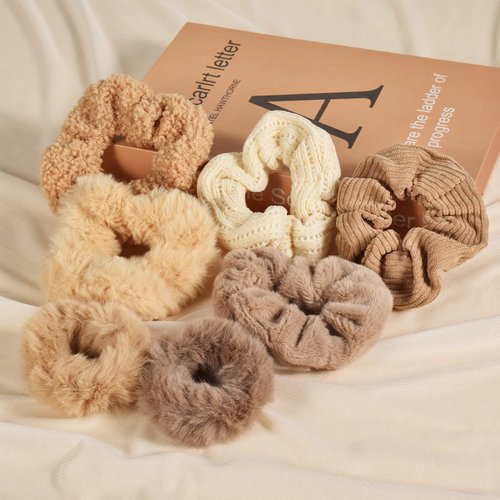 Yonchic 7-Piece Velvet Solid Elastic Hair Ties, Gentle Style Scrunchies for Women Long Thick Hair, No Damage Hair Scrunchies Rubber Bands Accessories (Khaki)