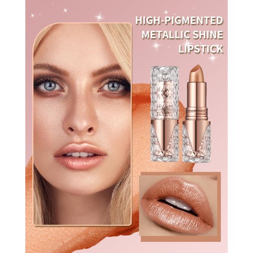 Glitter Metallic Shimmer Brown Lipstick Long Lasting,Diamond High Impact Nude Red Metallic Matte Liquid Lipstick Transferproof Non-Stick Lip Gloss,Full Coverage Lip Color Lip Stick Makeup for Women-05