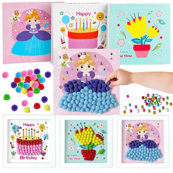 JOFONY 3 PCS DIY Pom Pom Art Painting Kit,Makes 3 Art Pieces DIY Cake Princess Flowers Pom Pom Arts and Crafts for Kids Boys and Girls Age 3+ Toddler