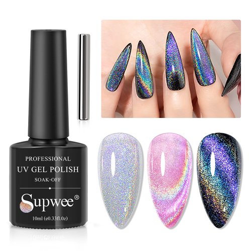 SUPWEE Universal Rainbow Cat Eye Gel Polish Holographic 9D Cat Eye Nail Polish Sparkle Nail Gel P...