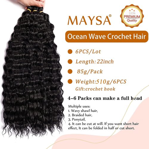 MAYSA Ocean Wave Crochet Hair, 22inch 6Packs Soft Synthetic Wave Crochet Hair, Curly Braiding Crochet Hair Extensions #1B Natural Black