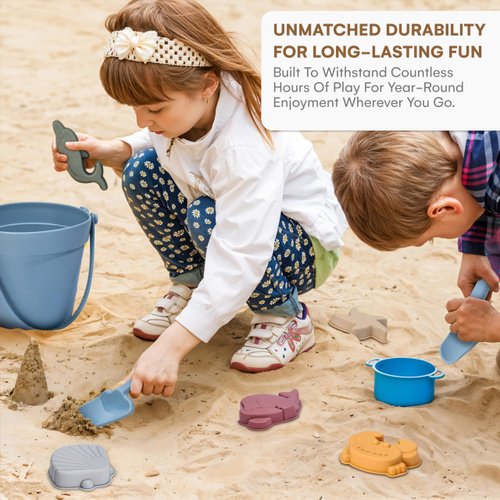 CHILDLIKE BEHAVIOR Silicone Baby Beach Toys - 10x10-Inch Travel Friendly Beach Toy Set - Durable Sandbox Toys - Kids Sand Toys Set Includes Sand Bucket, Shovel, and 6 Animal Shaped Sand Molds