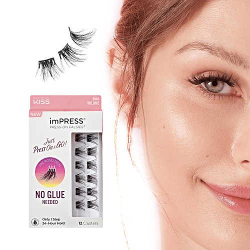 KISS imPRESS False Eyelashes, Lash Clusters, Falsies, Bold Natural', 12mm-14mm, Includes 12 pieces of pre-bonded lashes, Contact Lens Friendly, Easy to Apply, Reusable Strip Lashes