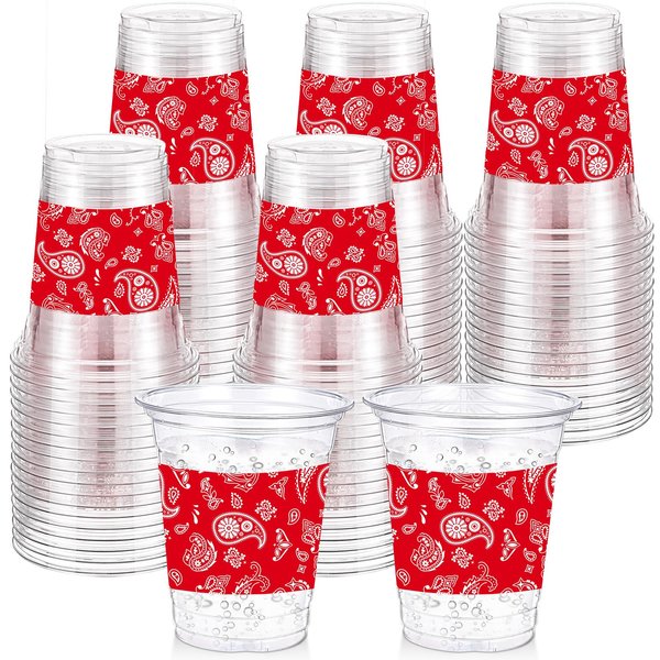Funnymoom 60 Pack Cowboy Cup 12 oz Red Bandana Disposable Clear Plastic Cups Western Cowboy Cups for Cowboy Birthday Party Decoration