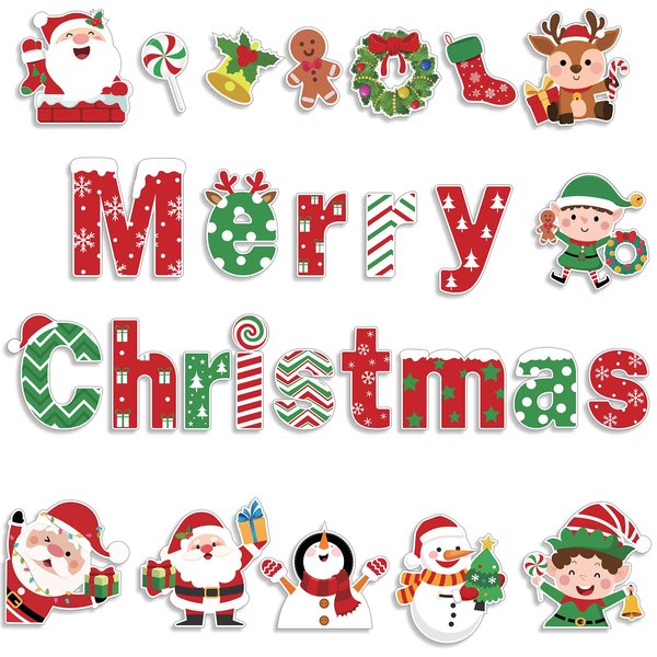 81 Pcs Christmas Cutouts Bulletin Board Decorations Merry Christmas Classroom Bulletin Board Set with Glue Points Santa Snowman Elk Elf Paper Cutouts for Xmas Winter Holiday Bulletin Board Decor