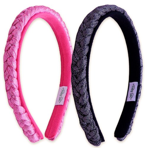 FROG SAC 2 Braided Headbands For Girls, Glitter Headband for Kids, Metallic Braid Head Band Hair Accessories, Cute Sparkly Hard Hairbands (Glitter)