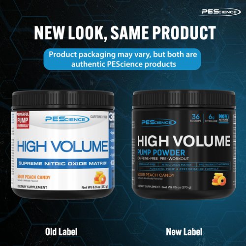 PEScience High Volume Nitric Oxide Booster Pump Pre Workout Powder, Sour Peach Candy, 36 Scoops, Caffeine Free