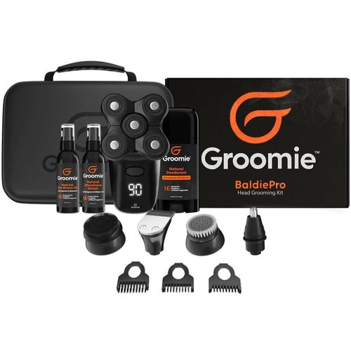GROOMIE Crispy AF Full Grooming Kit for Bald Men - Includes BaldiePro Electric Razor, Pre-Shave Oil, Aftershave Serum, Deodorant, Case, Charging Cable and Shaving Accessories - 5 Blades