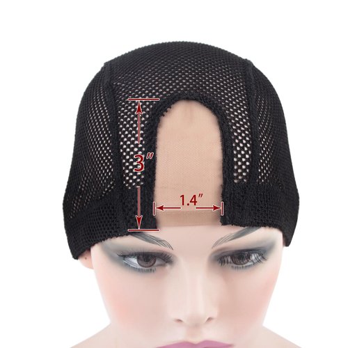 YTBYT 2 Pcs 1.4X3 Inch U Part Wig Cap for Making Wig Lace Wig Cap Dome Mesh Stretch Weaving Wig Caps (Medium Black)