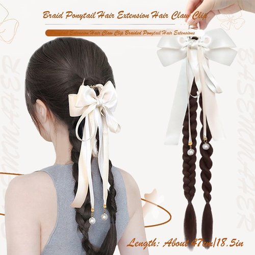 BASEMMAHER Braided Ponytail Extensions Hair Clips for Women White Bow Hair Claw Clip With Long Tail Beads Braids Ribbon Bowknot Hairpins Natural Fake Ponytail Synthetic Hairpieces Hair Accessories