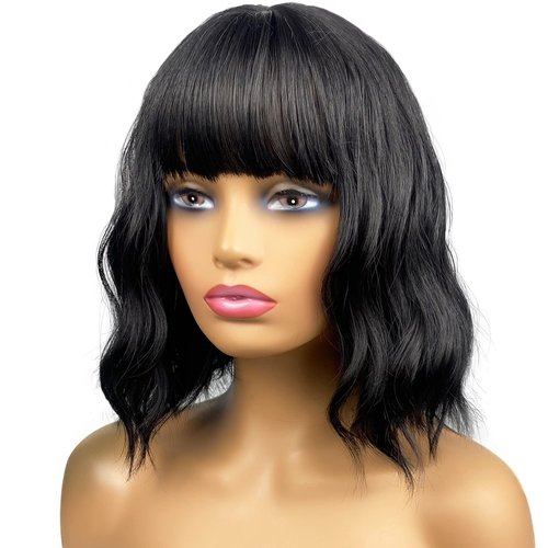 MIMISERVICE Short Wavy Bob Wigs with Bangs,Black Short Wavy Wigs for Women,Shoulder Length Curly Wigs,Natural Looking Synthetic Hair Wigs