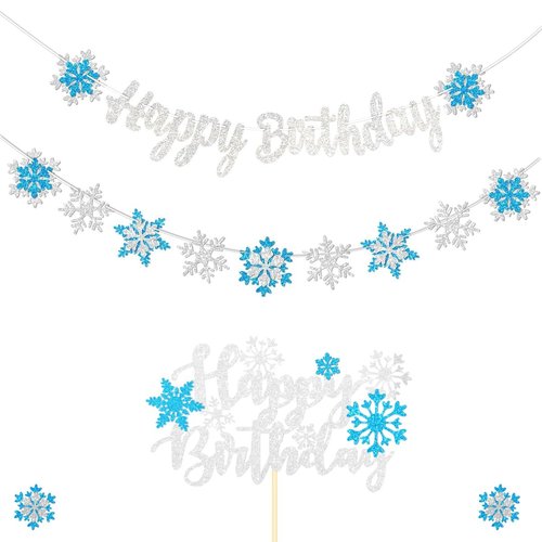 Frozen Snowflake Birthday Decorations Banner Winter Glitter White and Blue Frozen Snowflake Birthday Cake Toppers for Winter Wonderland Party Christmas Birthday Party Supplies