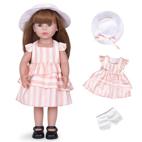 Rakki Dolli Doll Clothes and Accessories 3 Pc. Set includes 1PC Pink and Beige Stripes Skirt, 1PC Hat, 1PC White Underwear, Fashionable Skirt Dress Set for Baby Dolls (without Doll & Shoes) 018