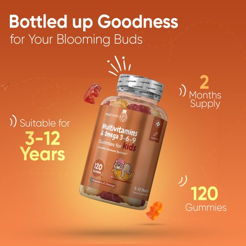 Maxmedix Kids Multivitamin Gummies with Omega 3 6 9 - 120 Gummies (60 Servings) - Essential Kids Vitamin A, C, D & B12, Minerals & Nutrients - Natural Raspberry & Orange Flavor - Third-Party Tested