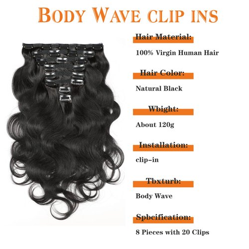 Yacurcur Body Wave Clip Ins Human Hair 8Pcs/Set 120 Gram Body Wave Clip in Hair Extensions 10A Brazilian Virgin Human Hair for Black Women Natural Black Color 20 Inch