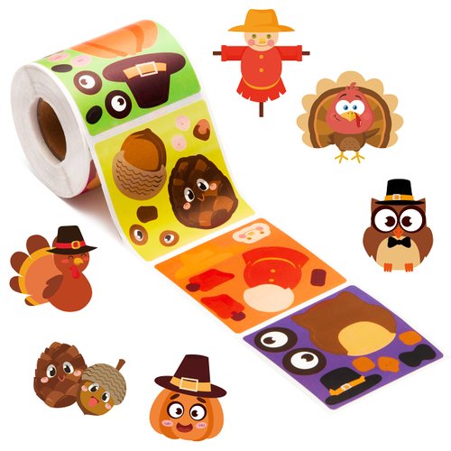 Haooryx 300PCS Thanksgiving Make A Face Stickers Scene Roll Make A Turkey Sticker Mix and Match DIY Autumn Pumpkin Acorns Art Craft Stickers for Kid Halloween Fall Party Classroom Sticker Game Favors