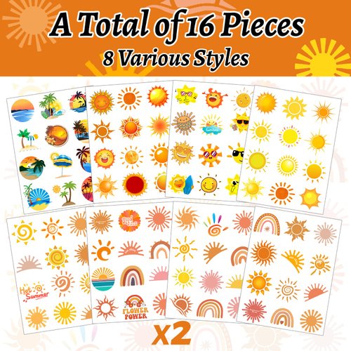 16 Sheets Sun Temporary Tattoos for First Trip Around the Sun Party Favors Decorations Supplies for Here Comes The Son Baby Shower Boys Girls Boho Hippie Sunshine Party(192 PCS)