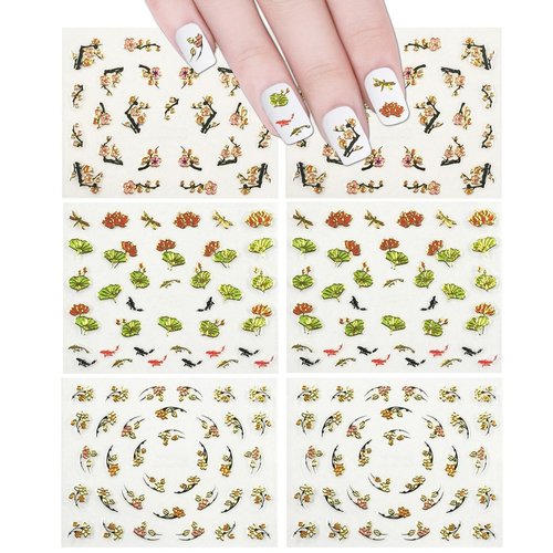ALLYDREW Asian Inspired Nail Stickers Nail Art Cherry Blossom Nail Stickers Fish Nail Art - Cherry Blossoms, Gingko Leaves & Koi Fish (3 Designs/6 Sheets)