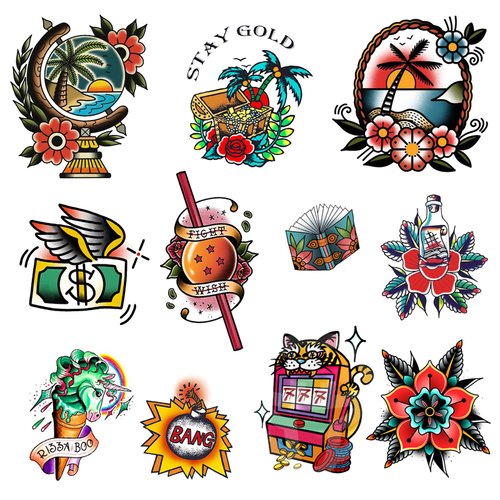 CARGEN Old School Temporary Tattoos - Traditional Vintage Classic Cool Stickers Sailor Jerry Style Flower Globe Coconut Tree Beach Dragon Ball Treasure Drifting Cone Bomb Temporary Tattoo Fake Tattoo