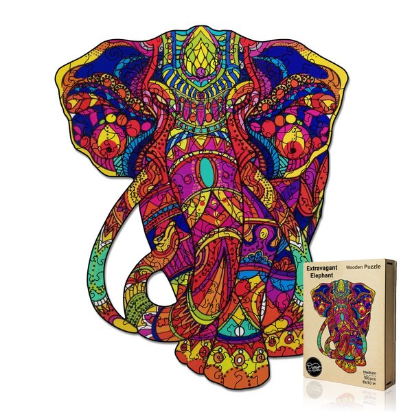 Dymier Green Wooden Puzzle for Adults - Unique Puzzle, Wood Cut Animal Shaped Puzzles 150 Pieces Medium Size Extravagant Elephant - Great Gift for Family and Friends, 8 by 10 inch