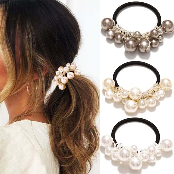 Fashey Pearl Hair Ties Beige Beaded Ponytail Holder 3 Pcs Pearls Hair Scrunchies Hair Accessories for Women (Beige)