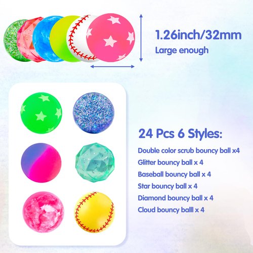 Ohanniewa Bouncy Balls for Kids 24 Pieces 6 Styles 32mm Assorted Bouncy Balls Toys for Kids Party Favors Birthdays Party Favors, Classroom Prizes