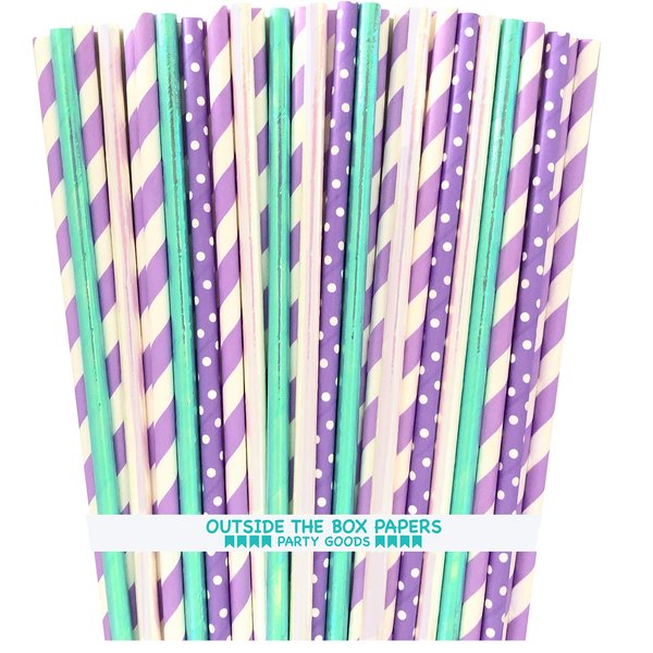 Mermaid Party Supply - Lilac Lavender Blue Green Paper Foil Drinking Straws - 7.75 Inches - 100 Pack