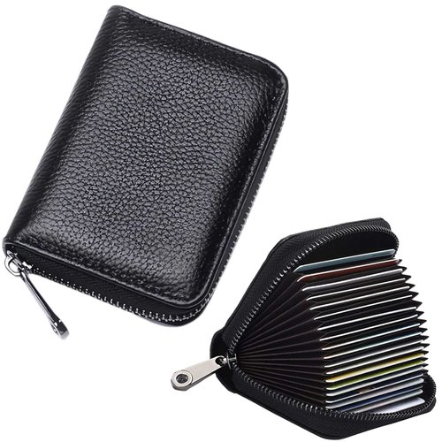 NEMIBAD Credit Card Holder Genuine Leather Small Card Wallet for Women or Men 20 Card Slots RFID Blocking Accordion Wallet with Zipper (Black 20)
