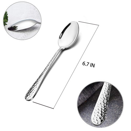 E-far Stainless Steel Teaspoons Set of 12, Modern Hammered Silverware Flatware Dessert Spoons for Home, Kitchen, Restaurant, Round Edge & Mirror Polished, Dishwasher Safe - 6.7 Inches