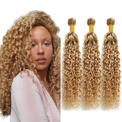 Honey Blonde Bundles Human Hair P27/613 Kinky Curly Bundles 8 10 12 inch Brazilian Virgin Remy Hair Extensions Double Weft P27/613 Bundles Human Hair Blonde Kinky Curly Bundles