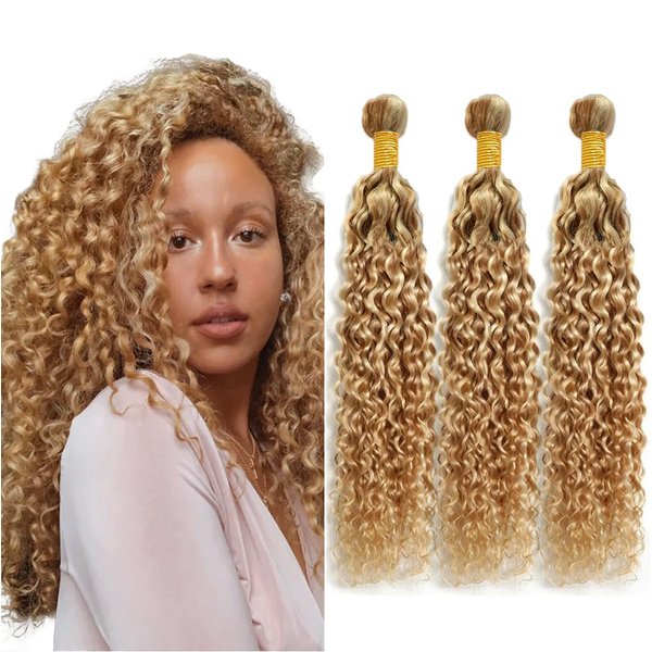Honey Blonde Bundles Human Hair P27/613 Kinky Curly Bundles 8 10 12 inch Brazilian Virgin Remy Hair Extensions Double Weft P27/613 Bundles Human Hair Blonde Kinky Curly Bundles