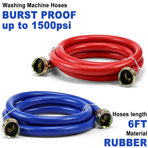 2 PACK Rubber 6FT Washing Machine Hoses Burst Proof Red and Blue Coded Washer Hoses for Hot and Cold Water 3/4" Connection Water Supply Lines by Fetechmate