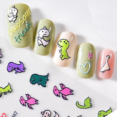 1 Sheet Dinosaur Nail Stickers 5D Dinosaur Heart Nail Art Decals Self-Adhesive Embossed Animals Nail Stickers Cute Nail Art Supplies Cartoon Dinosaur Nail Accessories for Women DIY Manicure Decoration